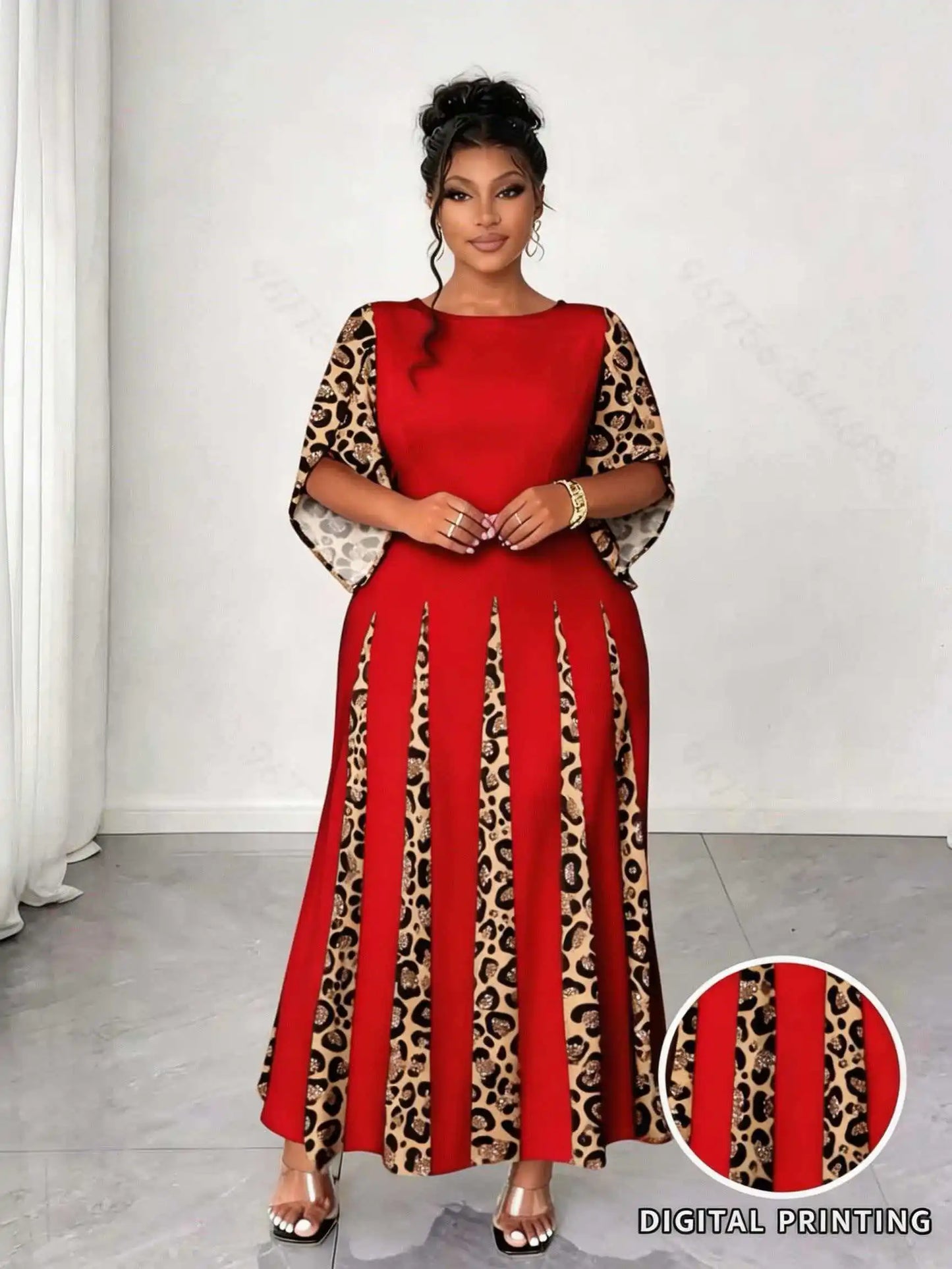 Elegant Leopard Maxi Long Sleeve Gown Dress