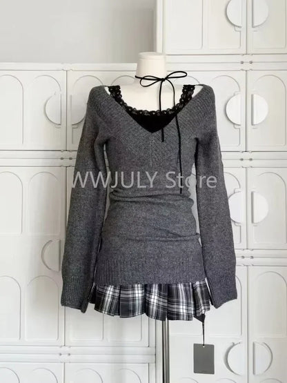 Suéter de cuello en V coqueto, manga larga, estilo pullover