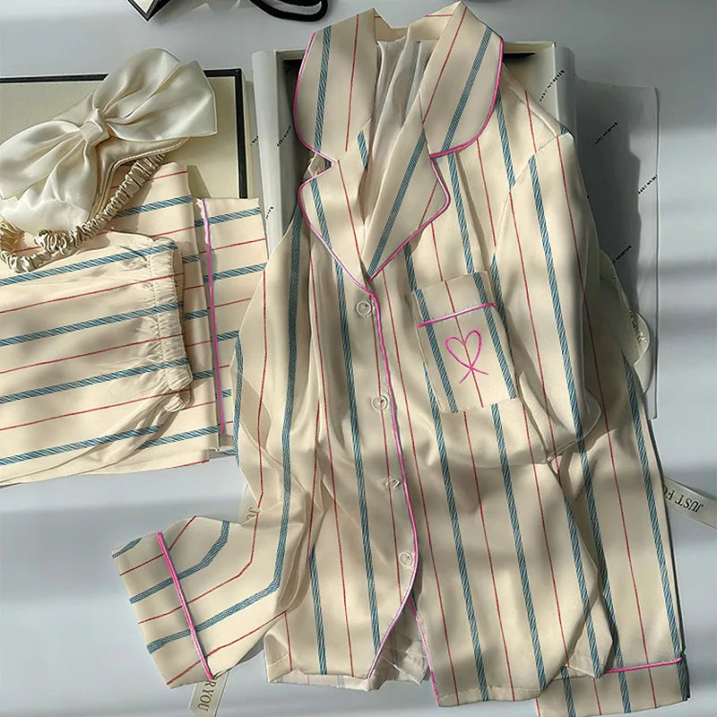 Contrast-Striped Ice-Silk Long-Sleeved Lightweight  Homewear Pajama Sets