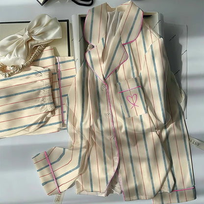 Contrast-Striped Ice-Silk Long-Sleeved Lightweight  Homewear Pajama Sets