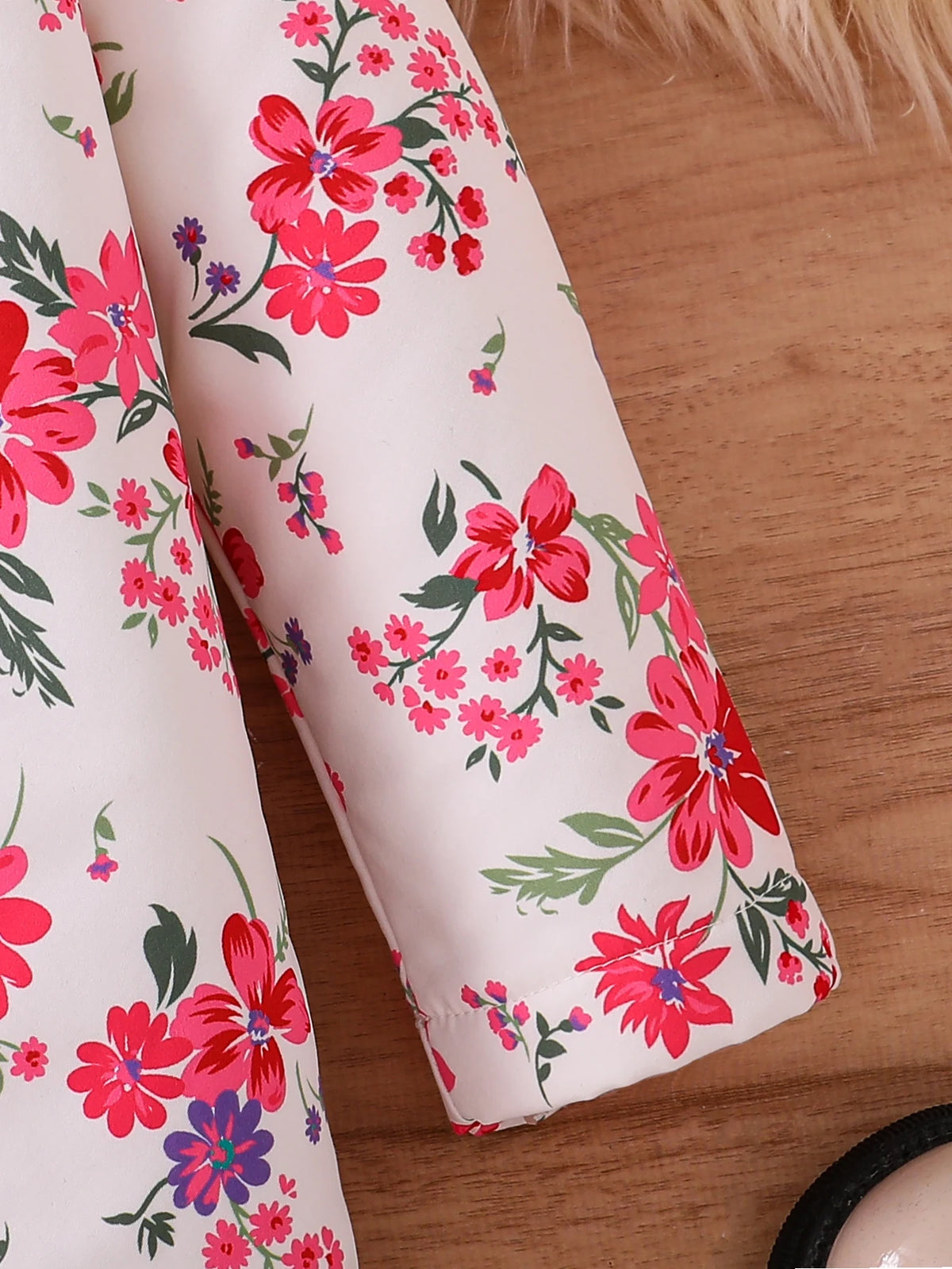 Fall/Winter Girls' Fleece Hooded Single-Breasted Floral Print Coat