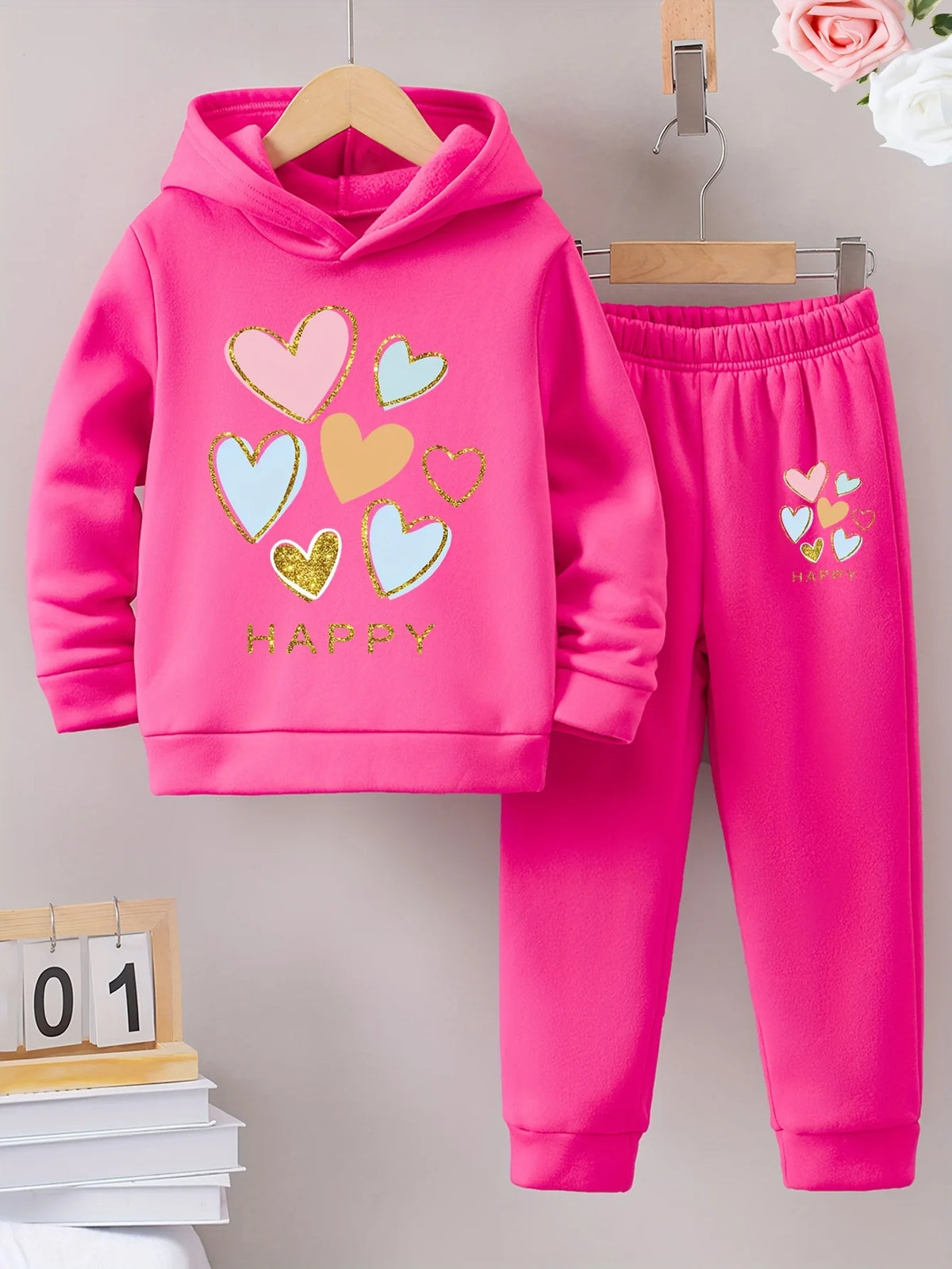 Fall/Winter casual comfort warm print warm lining hoodie sweatpants set