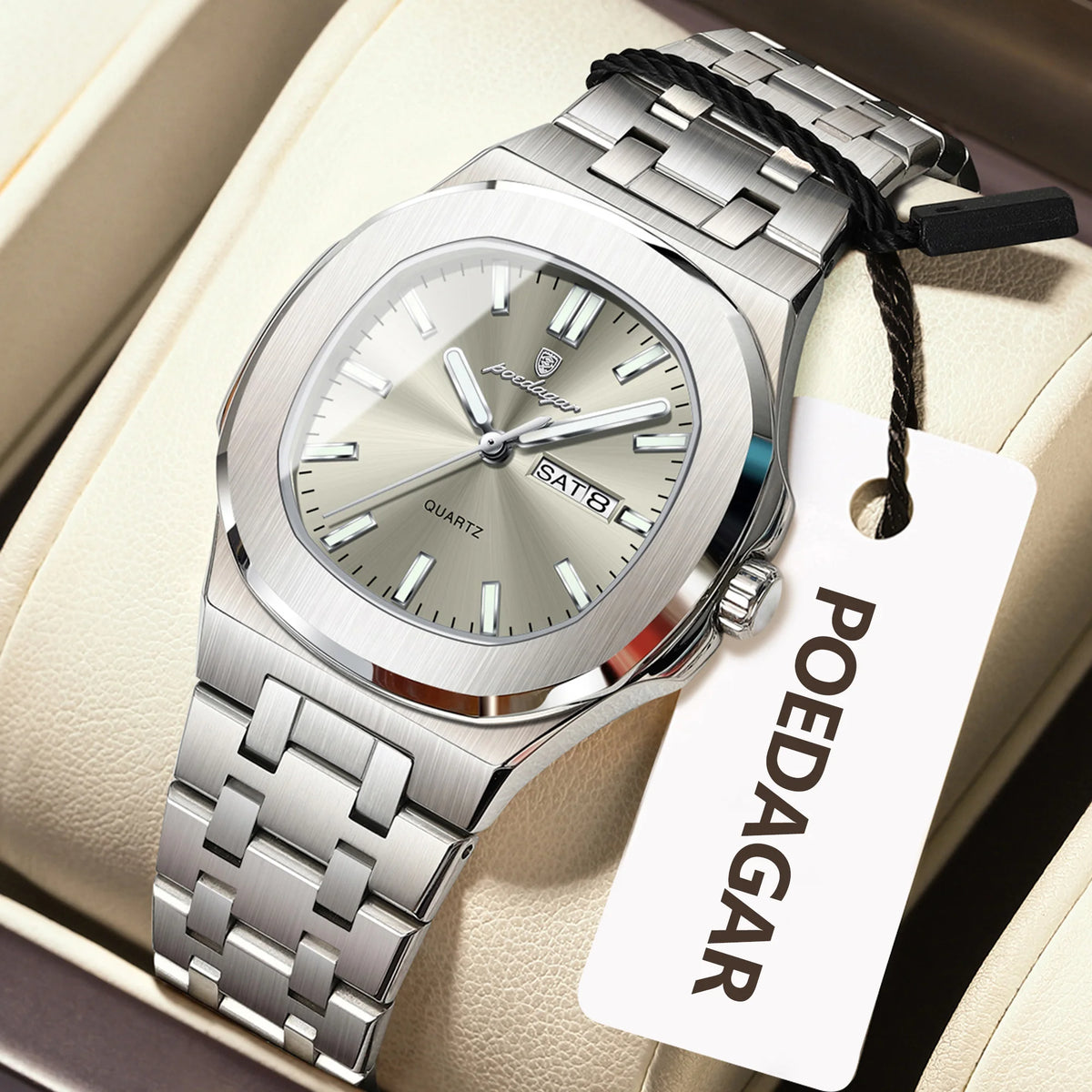 Square Date Week Waterproof Luminous Stainless Steel Quartz Watches