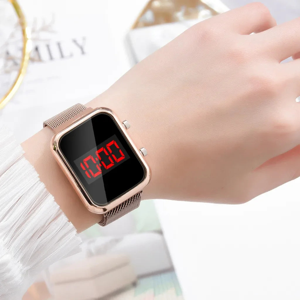 Rectangle LED Digital Luxury Rose Gold Magnetic Mesh Electronic Wristwatches