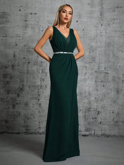 Mgiacy Shoulder silver sequin belt pleated chiffon slit skirt Dress