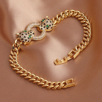 Classic Leopard Green Eye Hip Hop Cuban Chain Black Cubic Zirconia Bracelet