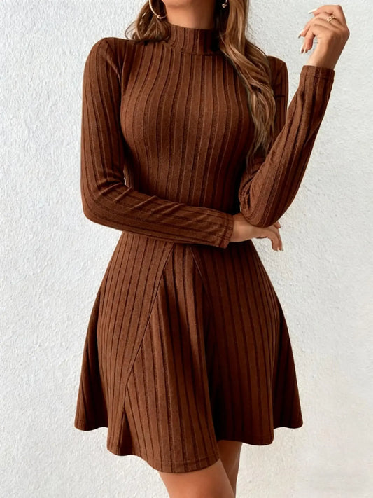 Slim fit half high collar waist long sleeved stripe dress