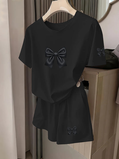 French Retro Style Elegant Bow Print Short-Sleeve Set