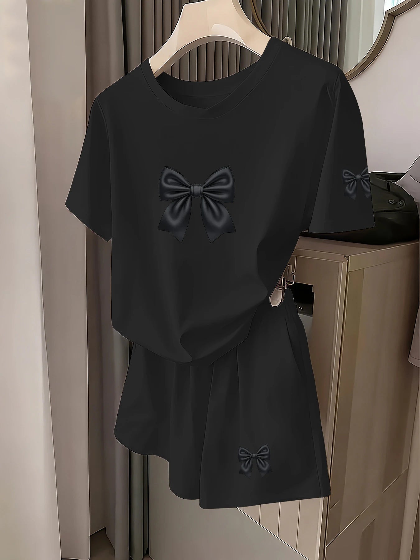 French Retro Style Elegant Bow Print Short-Sleeve Set