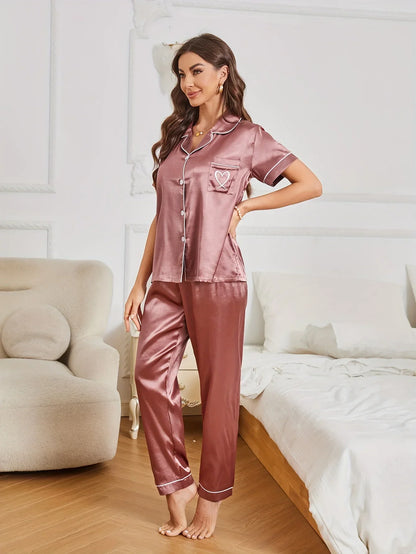 Heart Satin Short Sleeve Pyjama Set