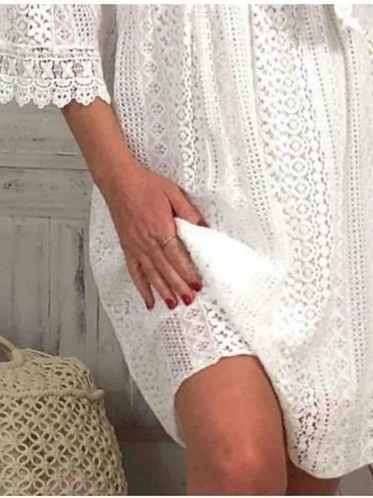 High Waist White Elegant Flare Sleeve Casual V-neck Dress