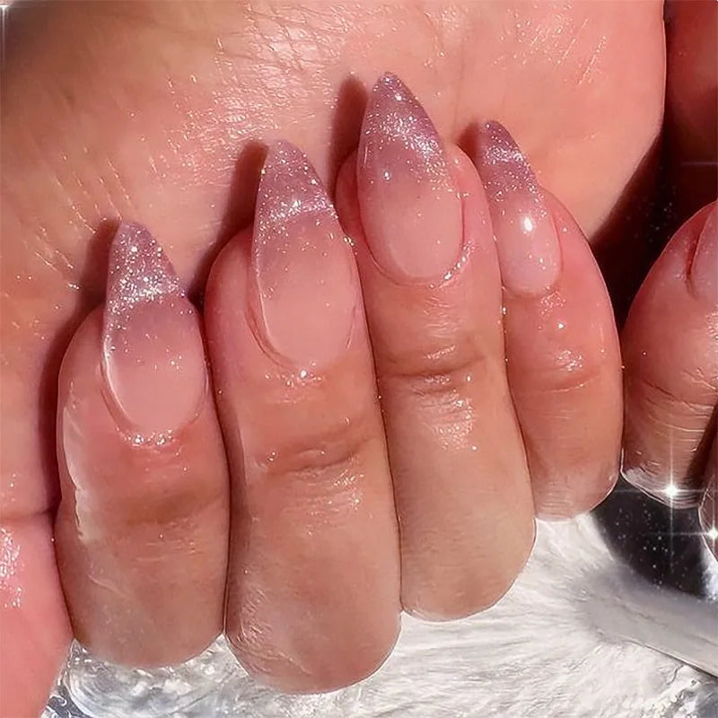 24Pcs Metallic Cat Eye French Sheer Manicure Tip Art Textured 3D Acrylic False Nails