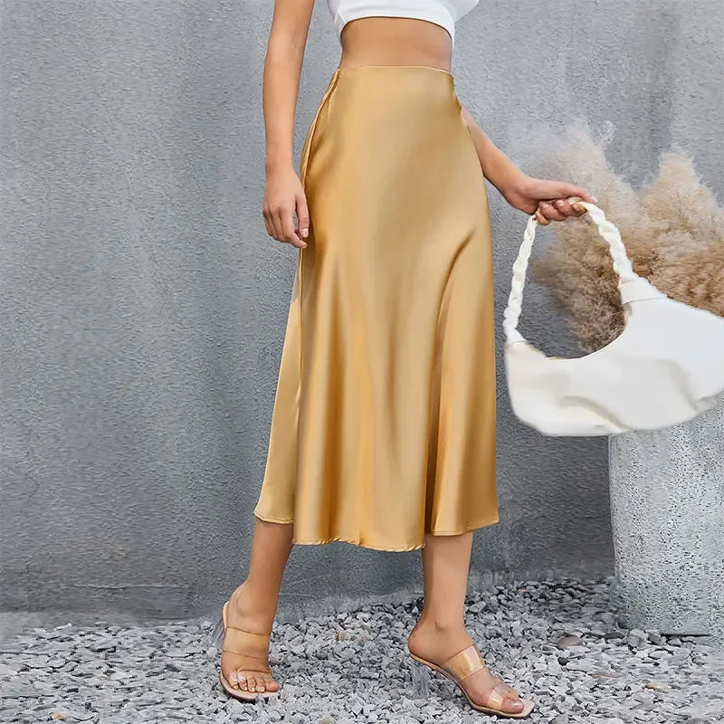 Satin High Waist Elegant Long Silk Skirt