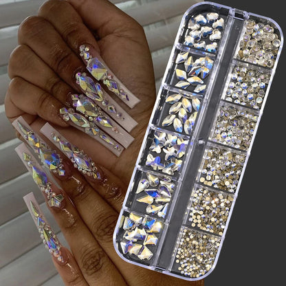 12Gird 3D Glass AB Crystal Nail Art Rhinestones Kit