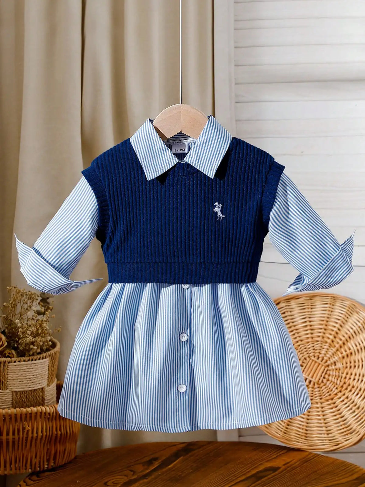 Baby girl embroidered vest and striped long-sleeved shirt dress