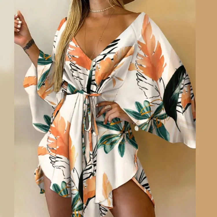 Bat Sleeve Ruffle Flowers Bohemian Mini Dress