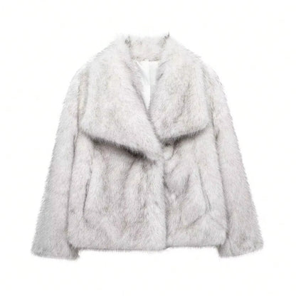 Elegant Faux Fur Warm Fluffy Loose Long Sleeve Lapel Jacket