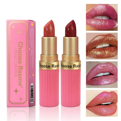 Pearlescent Pink Glitter Velvet Lipstick Metallic Waterproof Makeup Cosmetic