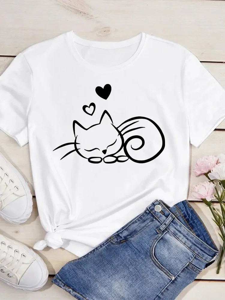 Love Heart Cat Print T-Shirt