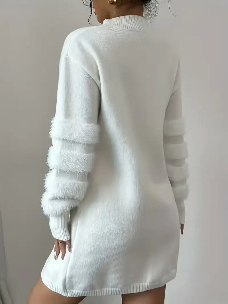 Casual Stand-Collar Loose-Fit Knit Patchwork Dress