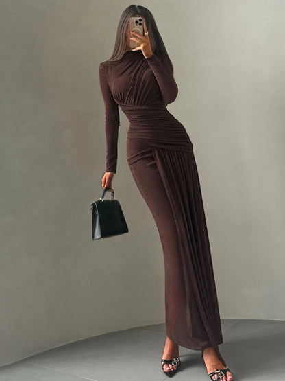 Folds Maxi Full Sleeve Elegant Skinny Dress