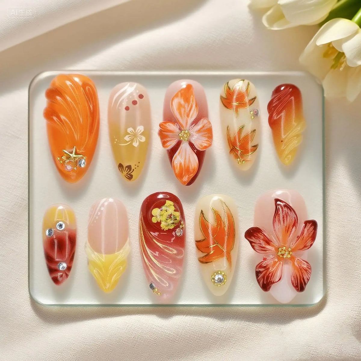 24Pcs Gilded 3D Flower Press on Nails Black French Leopard Print False Nails