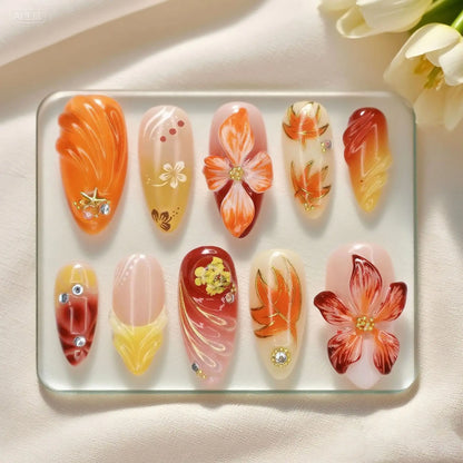 24Pcs Gilded 3D Flower Press on Nails Black French Leopard Print False Nails