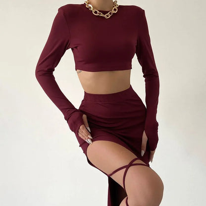 Pullover Long Sleeve Split Legless Sexy Skirt Set