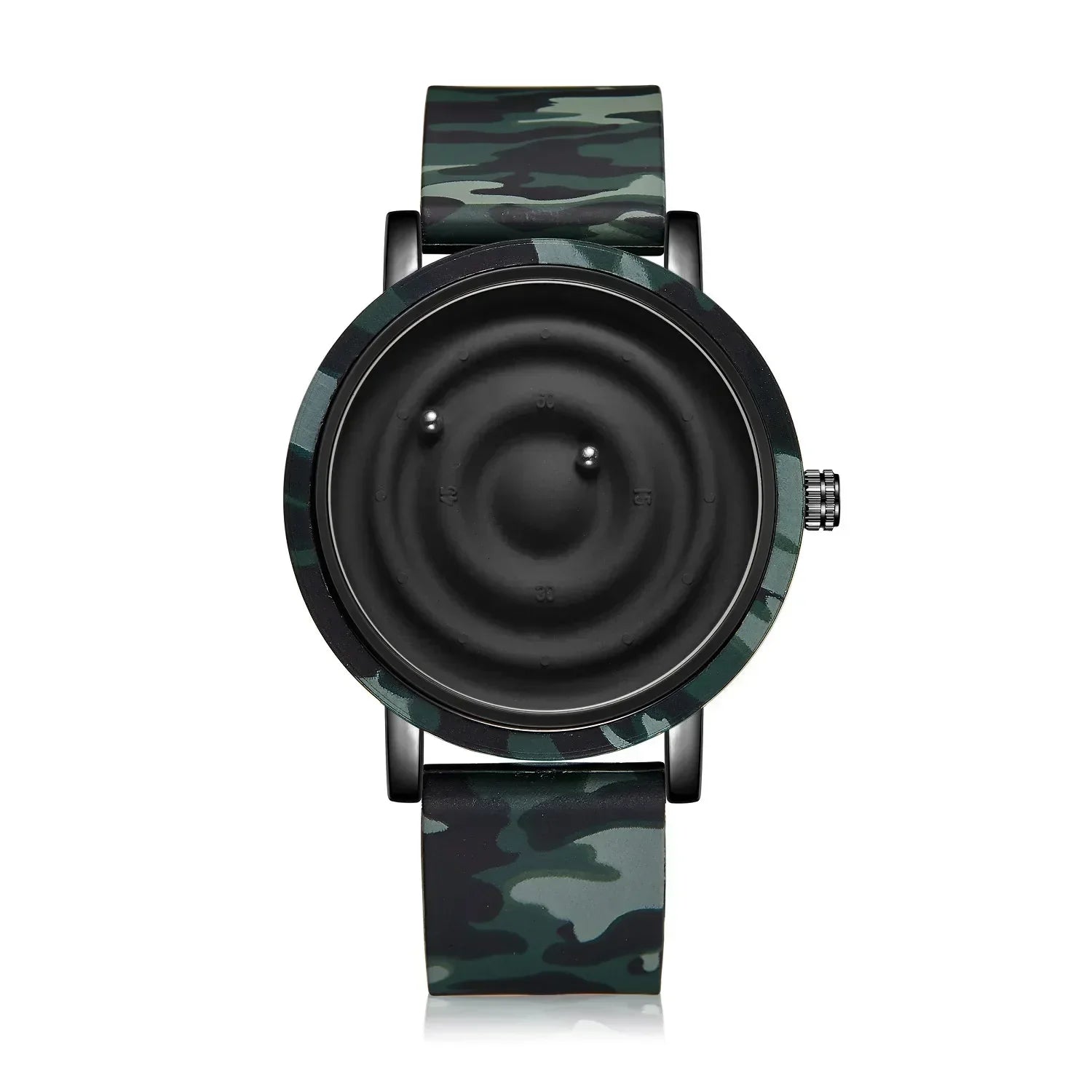 Modern men's wristwatch with camouflage band and black minimalist dial