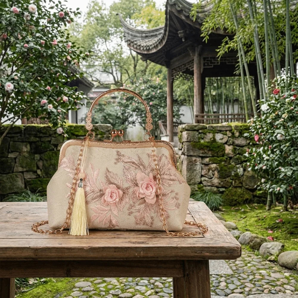 Vintage Kiss Lock Handbag Chinese Style Floral Lace Tassel Small Square Bag