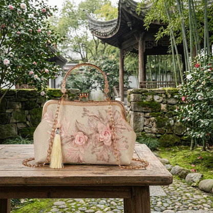 Vintage Kiss Lock Handbag Chinese Style Floral Lace Tassel Small Square Bag
