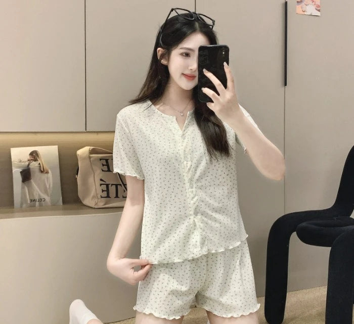 Japanese-Style Knitted Cotton Short-Sleeved Cardigan Thin Sleepwear Pajamas