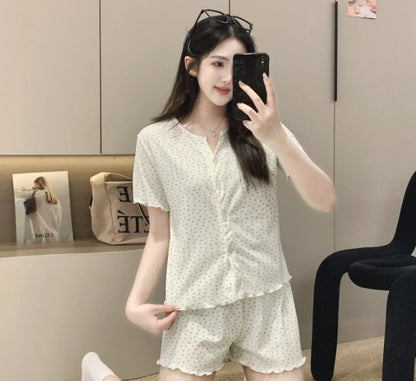 Japanese-Style Knitted Cotton Short-Sleeved Cardigan Thin Sleepwear Pajamas
