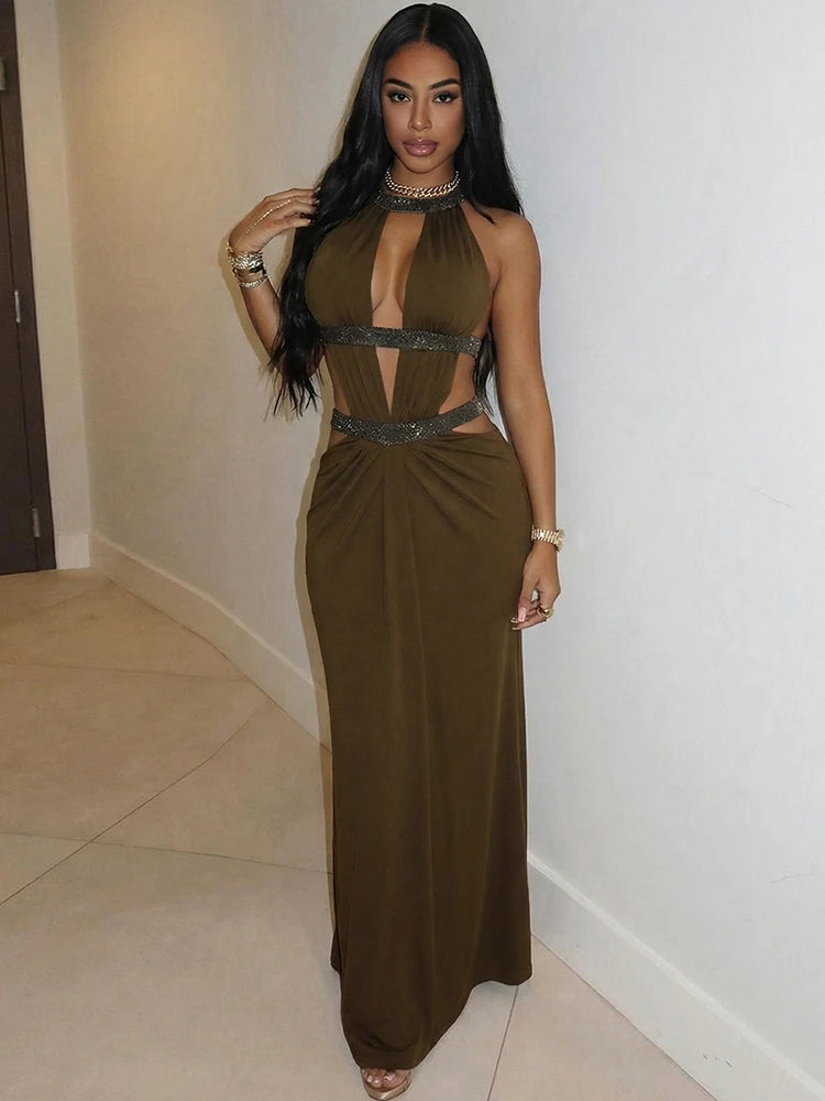 Hollow Out Halter Maxi Sexy Sleeveless Off Shoulder Backless Slim Dress