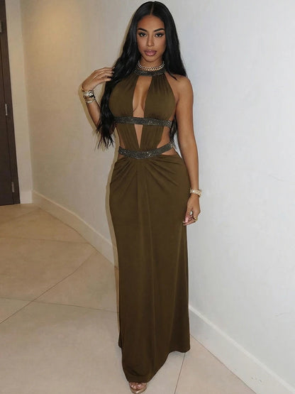 Hollow Out Halter Maxi Sexy Sleeveless Off Shoulder Backless Slim Dress