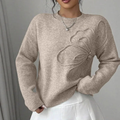 Slimming Effect Knitted Pure Color Floral Print Full Sleeve  Pullover Sweater