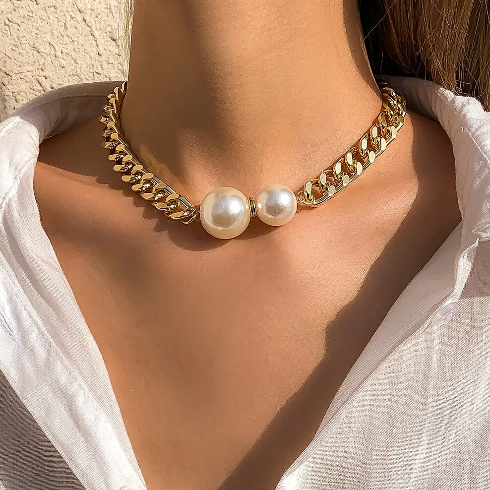 Punk Cuban Chains Imitation-Pearl Pendant Necklace