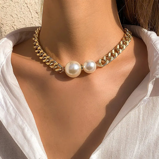 Punk Cuban Chains Imitation-Pearl Pendant Necklace