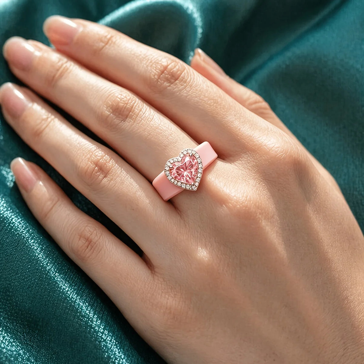Elegant Pink Silicone Sparkling Pink Heart CZ Lightweight Ring