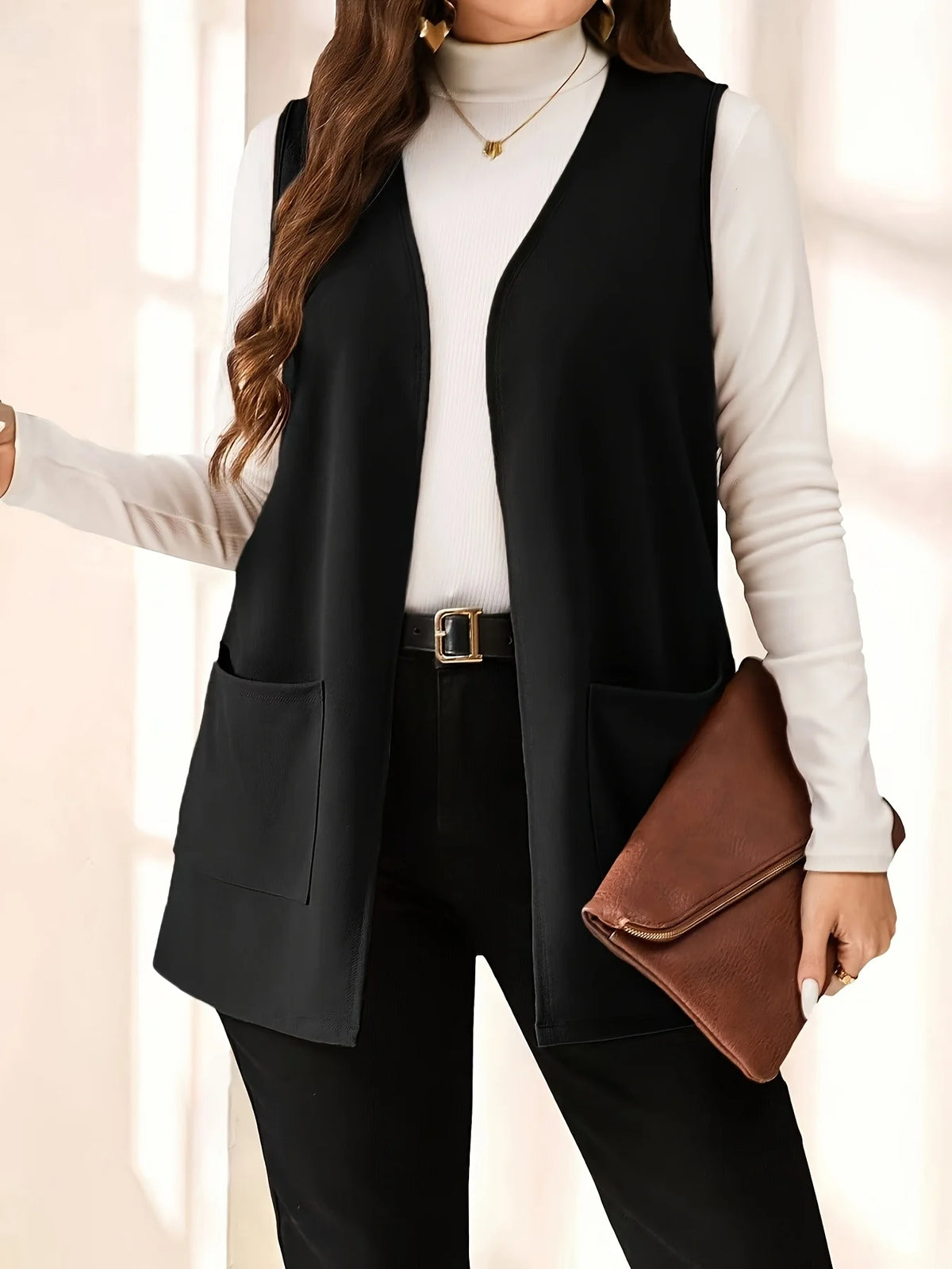 Plus Size Elegant Open-Front Cardigan Vest Jacket