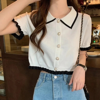 Korean Knitted Turn Down Collar Blouse