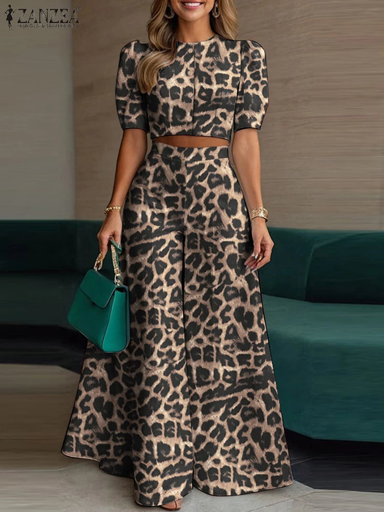 Conjunto de pantalón y pantalón de pierna ancha con manga corta abullonada