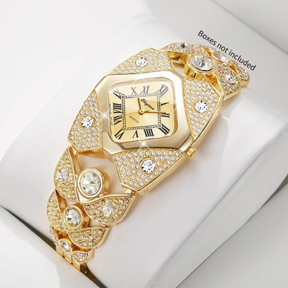 Luxury Rhinestone Golden Bracelet Strap Square Roma Dial Wristwatch