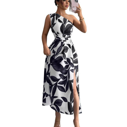 Cross-Border Floral Print Asymmetrical Shoulder Split Long Dress