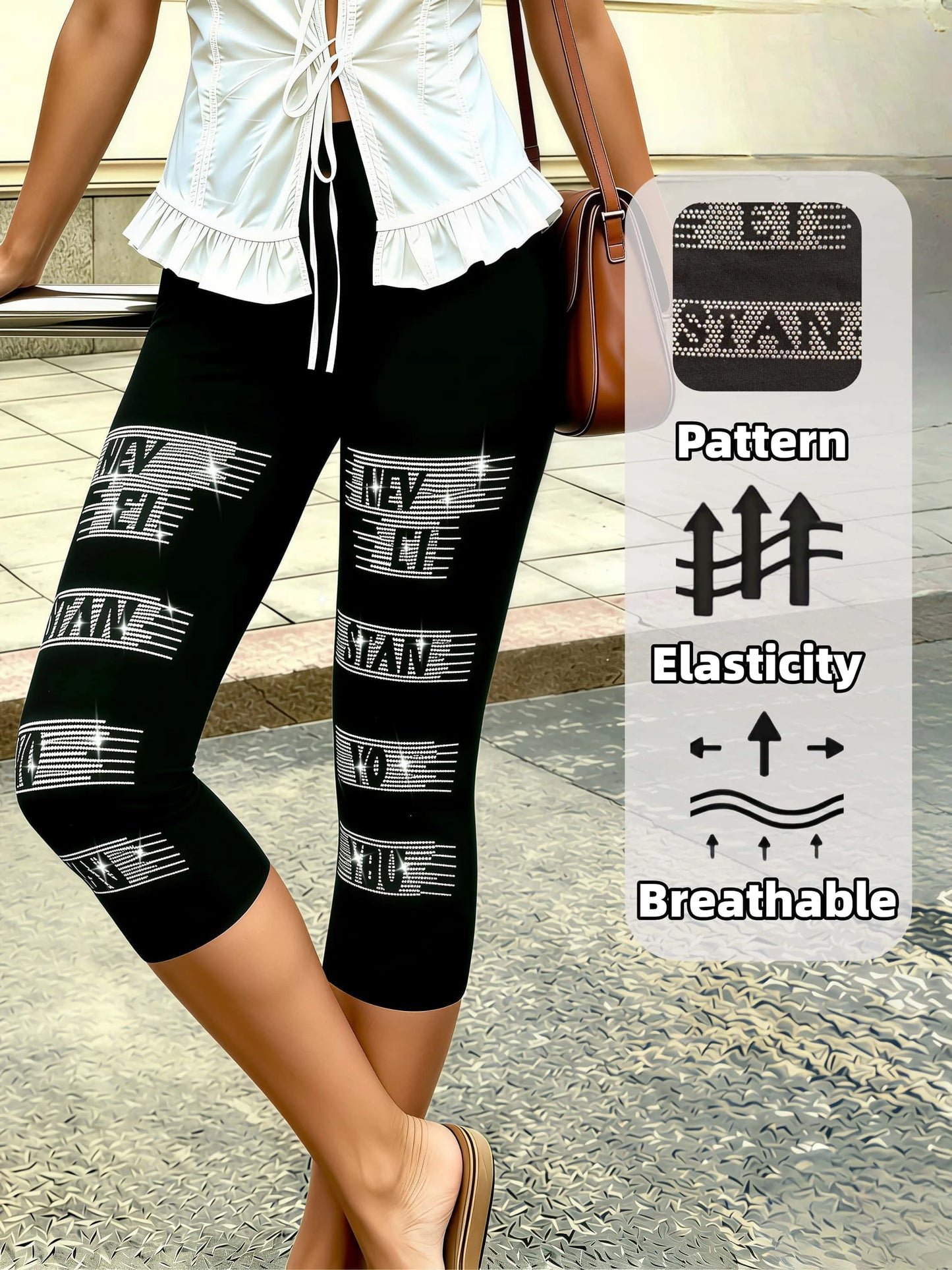 High Stretch Black Capri Pants With Rhinestone Embellishment