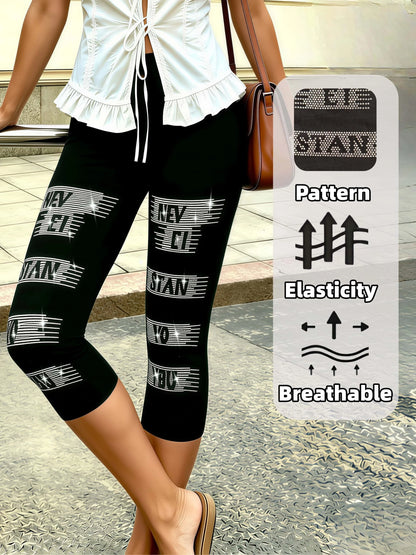 High Stretch Black Capri Pants With Rhinestone Embellishment