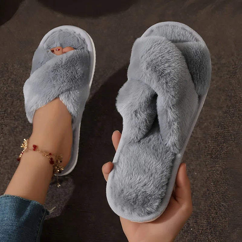 DANA Cross Strap Fur Slippers