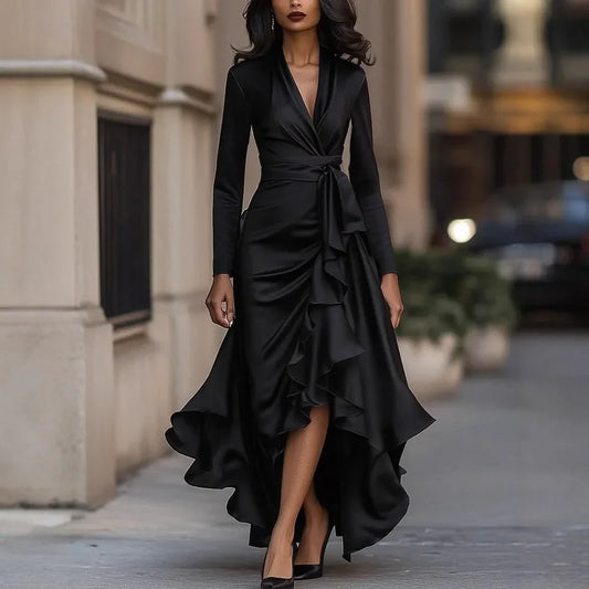 Long Sleeve V Neck High Waist Slim Fit Ruffle Dress