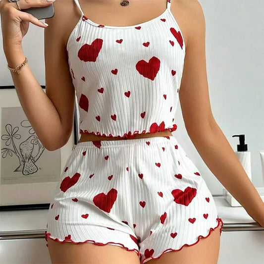 Short Tank Ventilate Soft Casual Love Printing Pyjama Set
