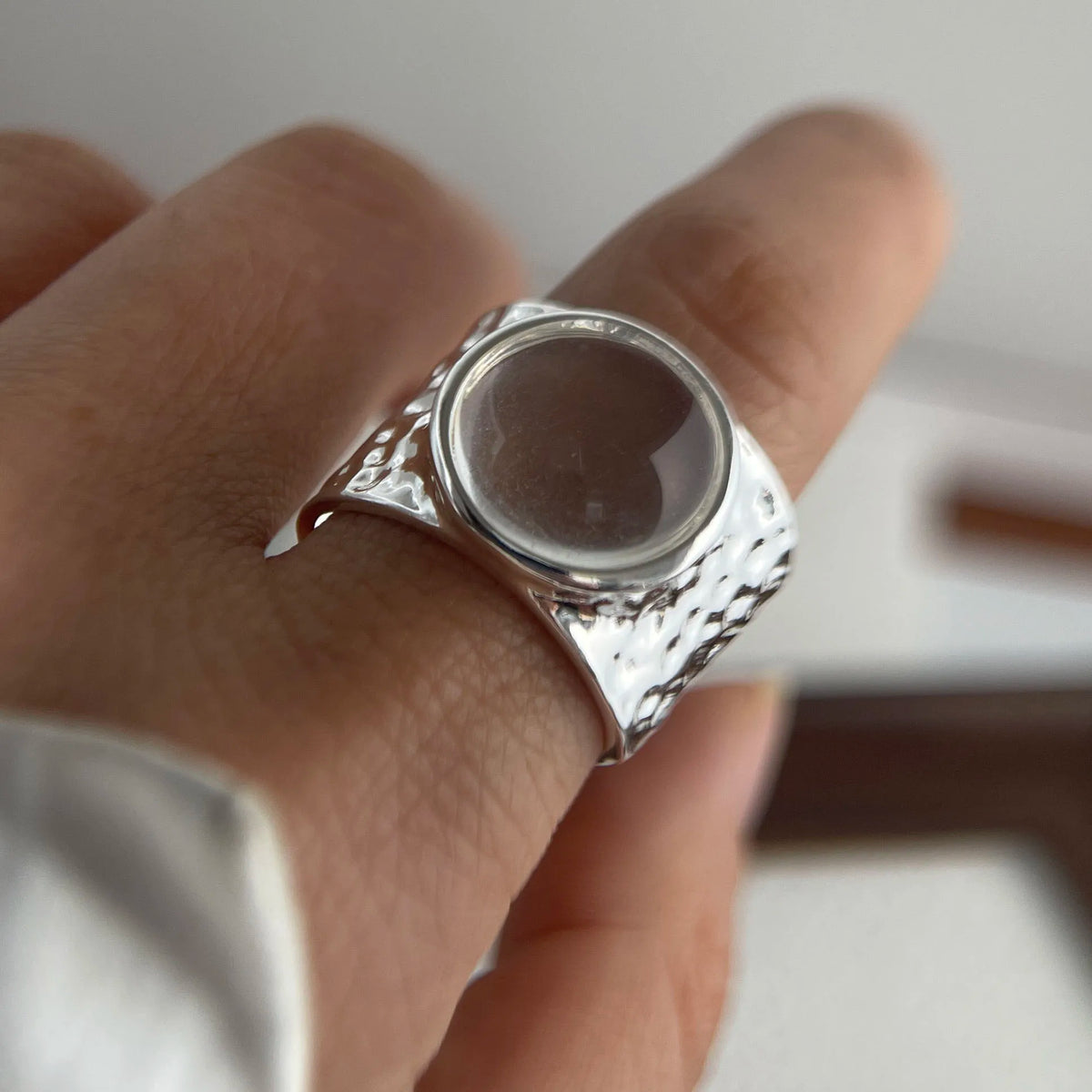 925 Sterling Silver Wide Vintage Big Stone Open Ring